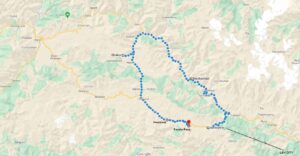 a map with blue dots and a route to the Mountain Biking Expedition.