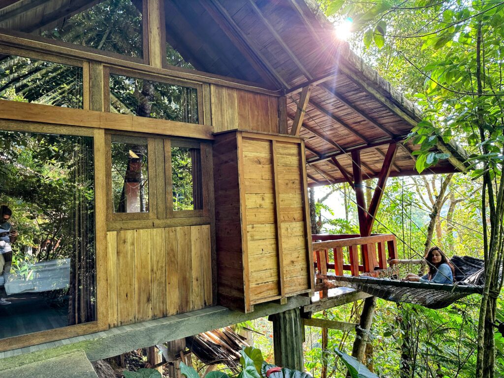 A person sitting on a hammock in a tree house