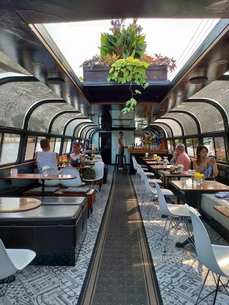 A boat with tables and chairs