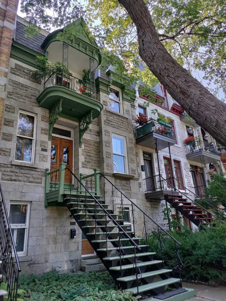 A building with stairs and trees