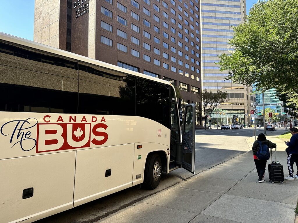 A bus parked on the side of a street