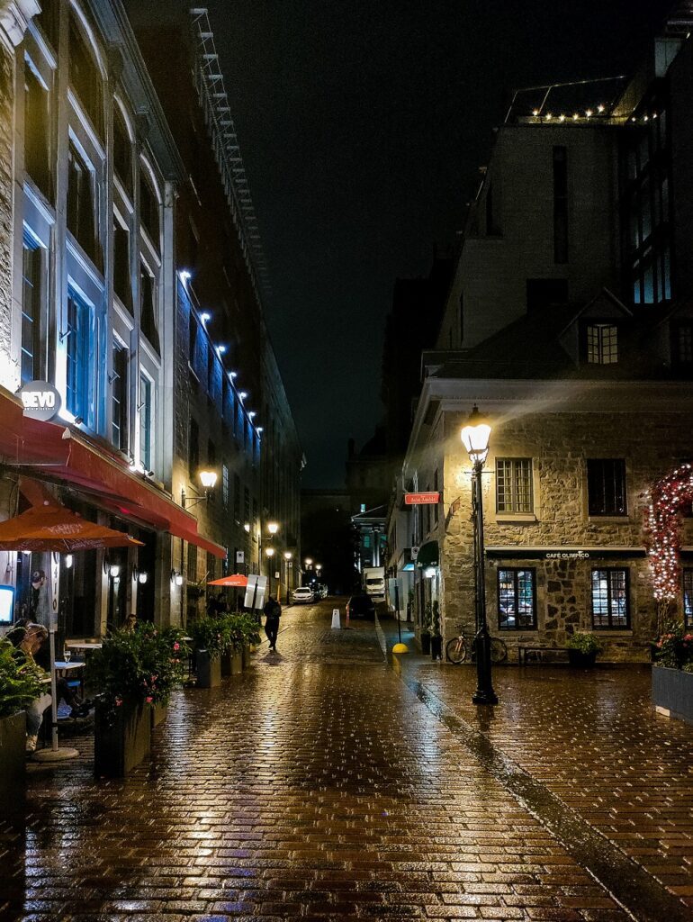 A street with buildings and a lamp post at night