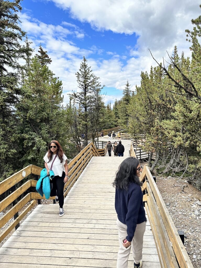 A group of people walking on a wooden bridge