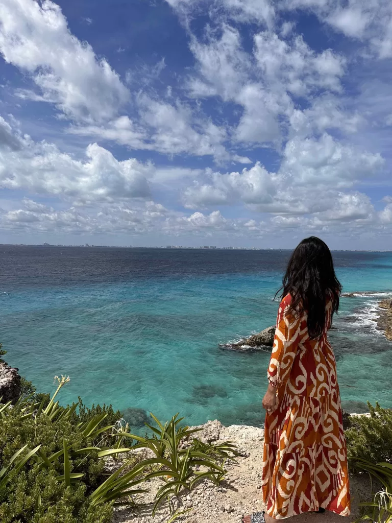 A person standing on a cliff overlooking a body of water