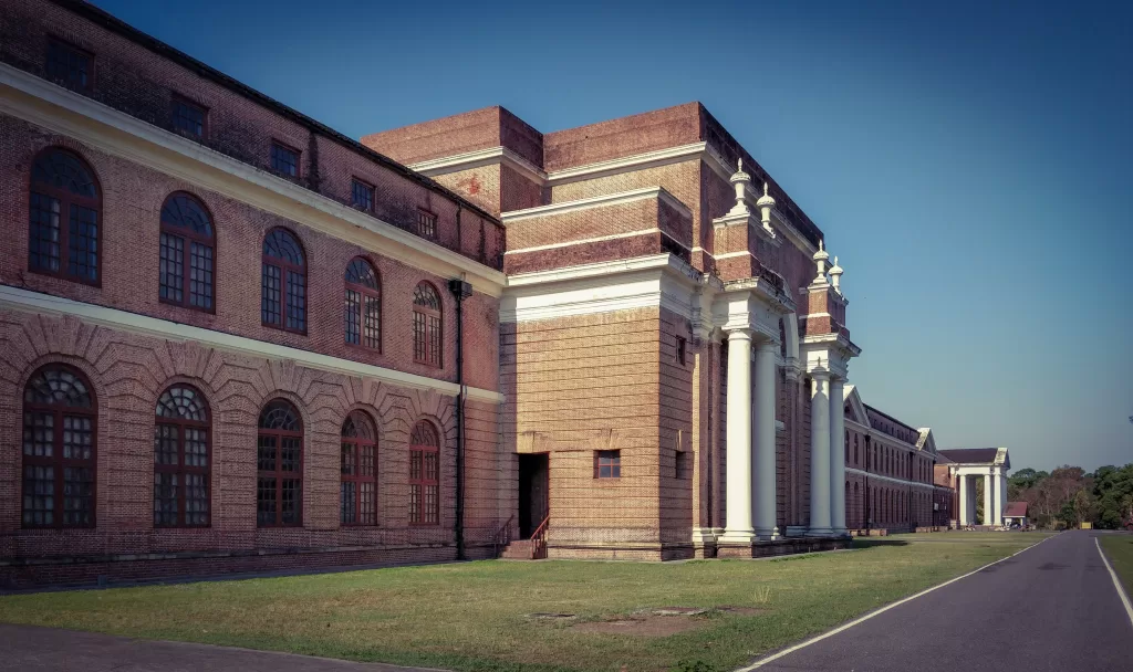 A brick structure and a lawn in front