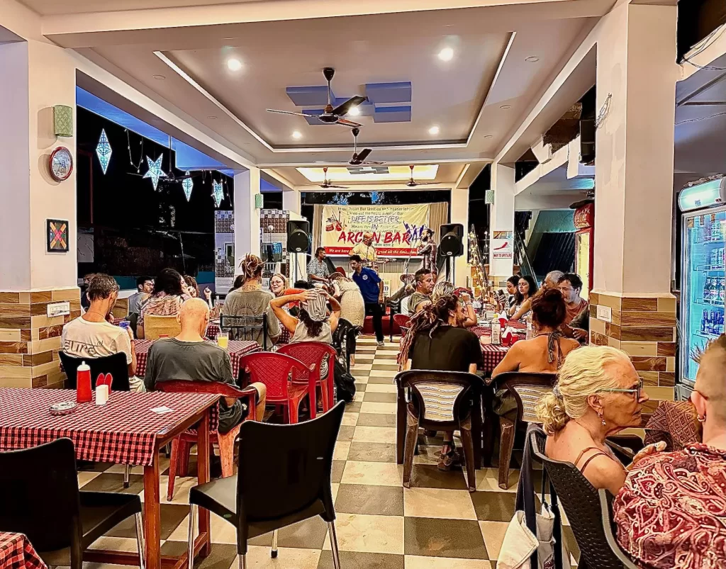 A group of people sitting at tables in a restaurant