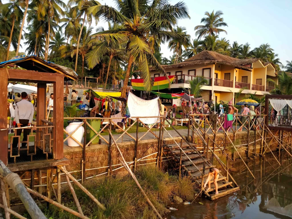 A group of people walking on a river