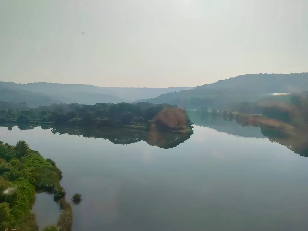 View of water and trees on Mumbai to Goa train journey