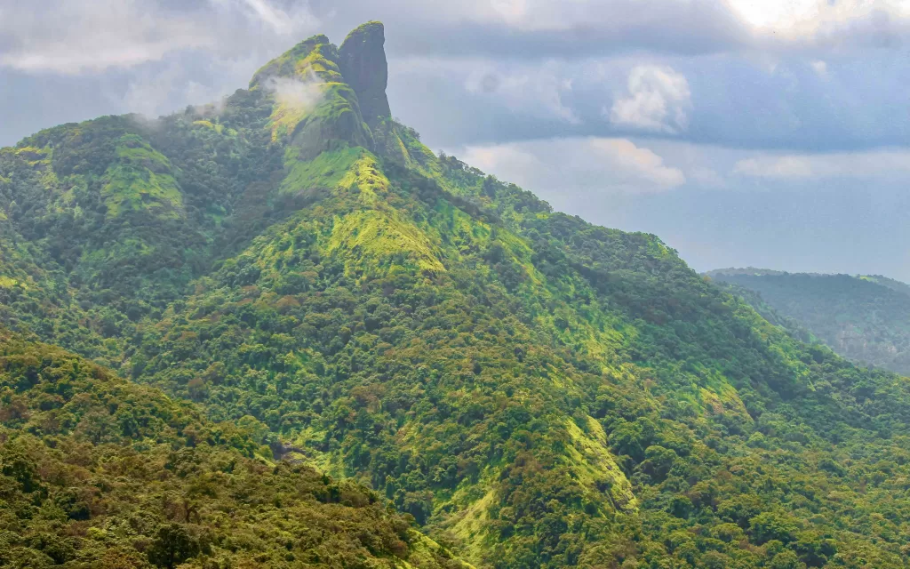 A green mountain with trees and clouds. One-day itinerary of Lonavala