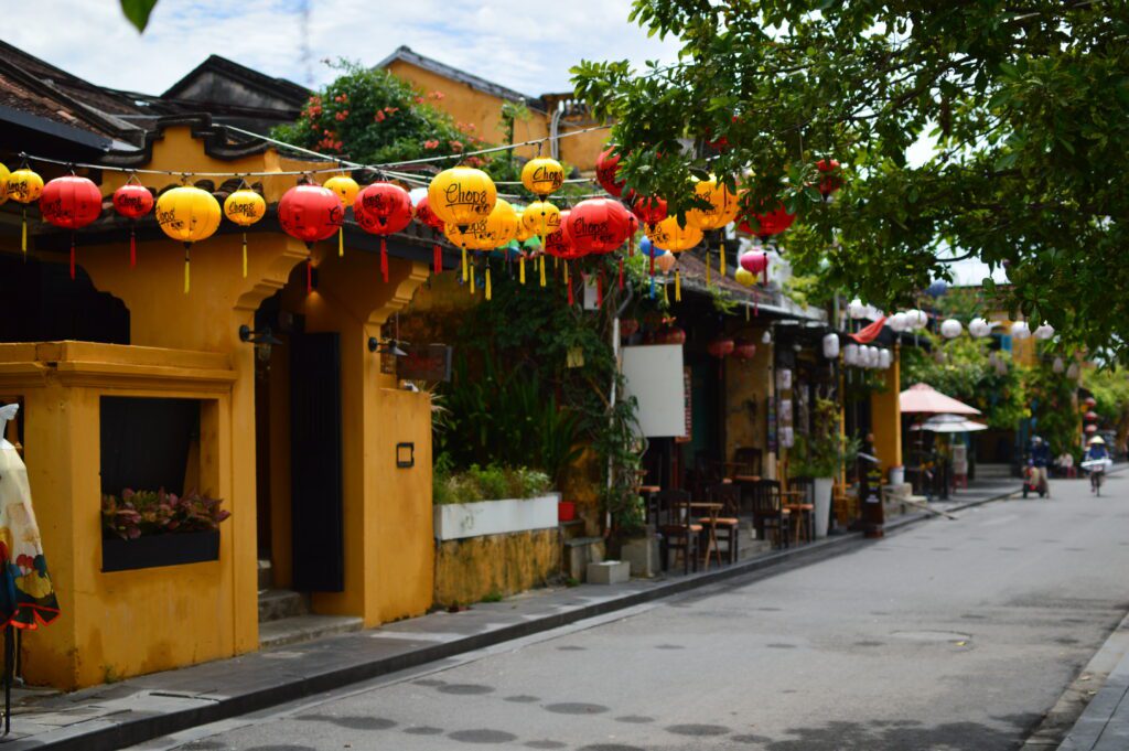 Street with yellow building and lanterns