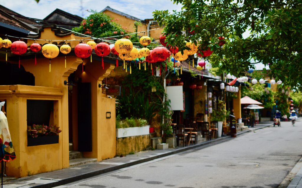 Yellow building and a street with lantern