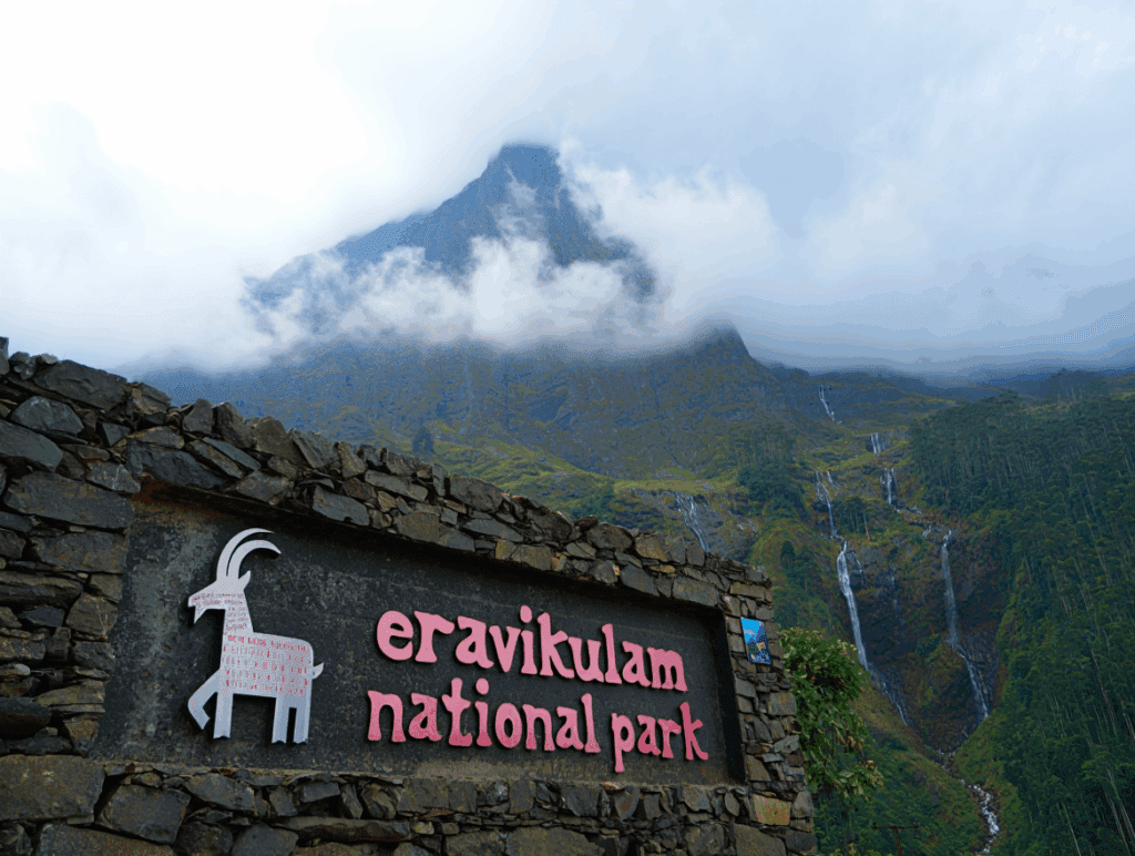 Eravikulam National park sign board with mountains behind
